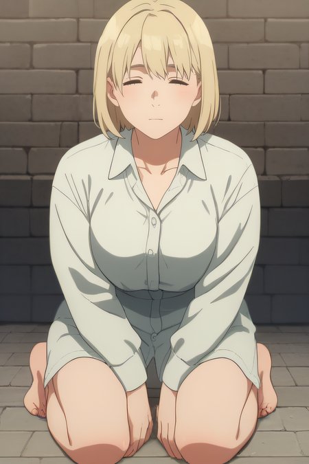 score_9, score_8_up, score_7_up, source_anime, rating_safe, intricate details, anime screencap, official style, 1girl, <lora:PONY_Falin_Touden_v2:1>, falin, closed eyes, medium hair, mature woman, medium breasts, brick wall background, frontal view, collared shirt, collarbone, kneeling, full body, barefeet, bare thighs, long shirt