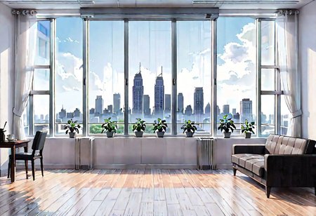 ((((front view)))), Shallow scene, ((animation style)), (((City high-rise building scenery))), ((((City scenery outside the window)))), (Facing the window), (open window), modern-style interior, Wooden floor, with white walls, (large windows), a living room, sofa and coffee table by the window sill, (The sofa is placed horizontally with its back against the window sill), noon, clear sky, low saturation