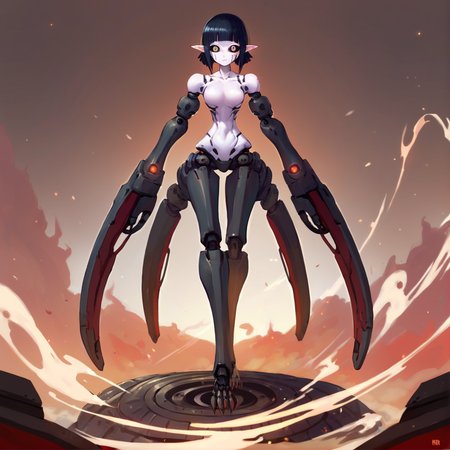 anime artwork Masterpiece, high quality, score_9, score_8_up, score_7_up, 1girl, solo, monster girl, war machine, huge chassis, wheels, turret, tank, weapon, long pointy ears, huge eyes, <lora:Sanakan_V1:0.8> sanakan, short hair, black hair, blunt bangs, black sclera, pale skin, facial mark, cyborg, android . anime style, key visual, vibrant, studio anime,  highly detailed