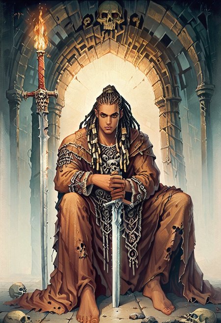 score_9, score_8_up, score_7_up, oblivionarts, solo, 1boy, warrior, ((african male)), brown eyes, muscular, long dread locks, loose dread locks, barbarian garb, sitting on throne of skulls, skull throne, piles of skulls, bored expression, holding sword point down, planted sword, large sword, plain broadsword, dark room, torch lit, abandoned temple, traditional art, medieval, <lora:Oblivion:.6>