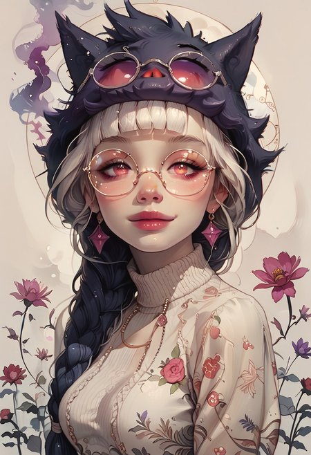 score_9, score_8_up, score_7_up, score_6_up, pastel, watercolor, floral, ArsMJStyle, Art Nouveau, Fl0ralD0lls,
White hair, blunt bangs, long braids,
cute, female, 1girl, pokemon girl, holding PokeBall,
in a flowery meadow, gengar, gengar girl, purple smoke,
large breasts, white knitted cropped sweater, 
Smiling, round glasses,