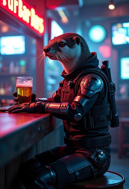 A digital artwork in the style of cknc, a full body portrait shot of an anthropomorphic biomechanical otter, high-tech bodysuit, its material reflecting the neon lights of the futuristic bar behind him., sitting at the counter of a futuristic bar drinking beer, a futuristic rifle is on his lap, bar has neon signs and holograms