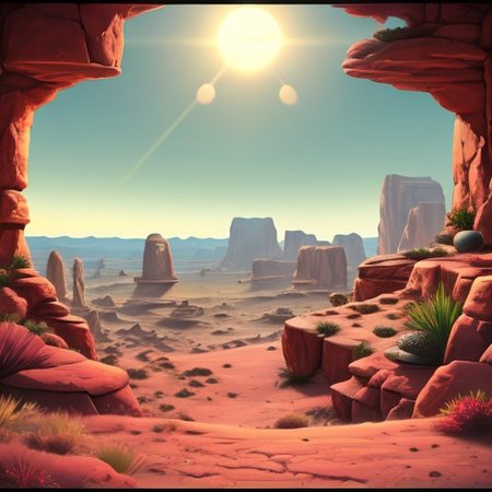 astronaut, sitting cross-legged, alien world, desert, no plants, no animals, lunar lander in the distance, sun rising over horizon, dawn, contemplation,  sand, rocks, cliffs, desolation, arid wasteland, isolated, isolation, score_9,score_8,score_7,score_8_up,score_7_up,score_6_up,