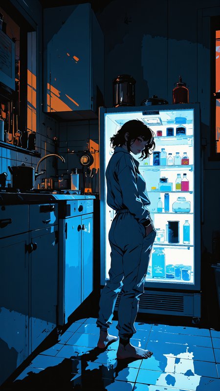 High-quality semi-realistic anime illustration with ultra-detailed rendering, smooth blended shading, fully realistic background. A young woman stands barefoot in a dimly lit kitchen at night, the soft glow of the open refrigerator casting a cool blue light across her face and silhouette. The quiet hum of the appliance fills the air, her expression playful yet slightly guilty, as if caught mid-act.  
Her long, tousled dark brown hair falls naturally over her shoulders, strands sticking up slightly from sleep. Her deep, sleepy eyes blink as she enjoys the taste, her lips forming a subtle, satisfied smile. A form-fitting light blue onesie, giving her a relaxed and cozy look.  
The background is a fully realistic modern kitchen, with faint reflections of the cityâs streetlights filtering through the window. The countertops are cluttered with a few stray utensils and a half-empty glass of milk. Inside the fridge, soft neon hues from soda cans and snack wrappers contrast with the cold whites of milk cartons and plastic containers. Shadows stretch across the tiled floor, adding depth to the late-night atmosphere.  
The cool tones of the refrigeratorâs glow blend with the deep warm shadows of the darkened kitchen, creating a moody, intimate ambiance. The scene captures a quiet, relatable moment of indulgence, blending realism with soft, expressive lighting to enhance the cozy yet mischievous mood.   <lora:Niji_anime_style_flux:1.0> <lora:Anime_Art_V3:0.8> <lora:RM_Illustrify_v1.0M:0.7000000000000001>