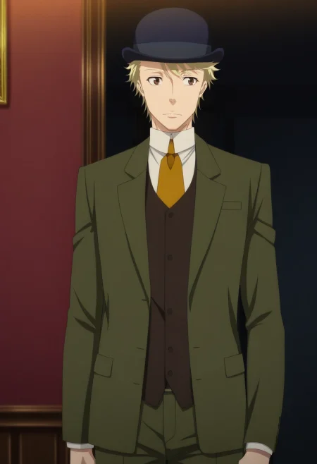 masterpiece, best quality, anime screencap, official style, anime coloring, cowboy shot, 1boy, solo, male focus, <lora:john_h_watson_ilxl:0.94>, john_h_watson, blonde hair, brown eyes, short hair, hat, formal, necktie, suit, ,