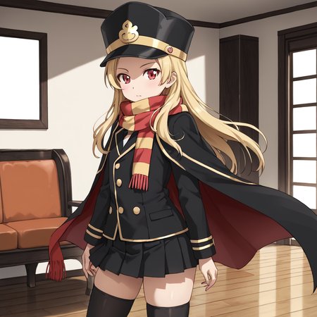 indoors, <lora:chiaki.pony:1> chiaki, 1girl, solo, long hair, blonde hair, red eyed, scarf, striped scarf, shako cap, black headwear, cape, black cape, black coat, flat chest, skirt, pleated skirt, black skirt, black thigh-highs, black loafers,