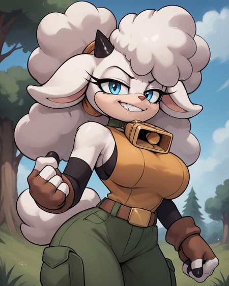 score_9, score_8_up, score_7_up, score_6_up, score_5_up, score_4_up, source_furry, furry, anthro, <lora:Lanolin_V1-000030:0.85> lanolin, sheep, white fur, blue eyes, yellow shirt, sleeveless shirt, green pants, brown gloves, big breasts, cowbell collar, smirk, happy, fist, outside, forest, low-angle view, action pose,