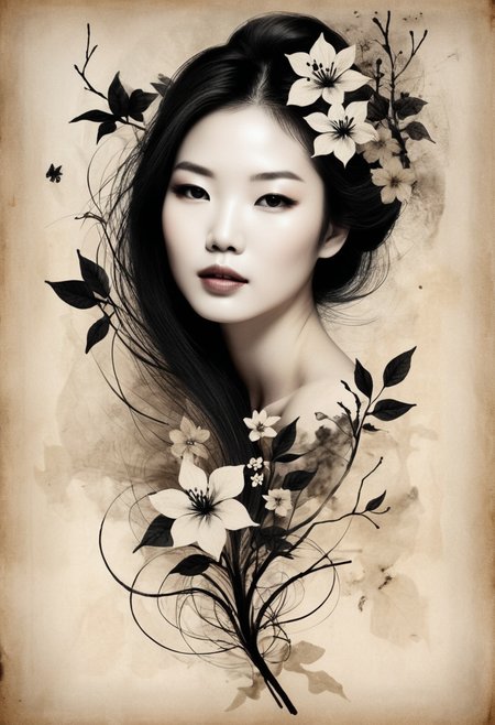 Asian woman, beautiful face, black color tones, wabi-sabi art, illustration, drawn, parchment art, abstract , flowerpunk,  surreal artwork, Impermanence