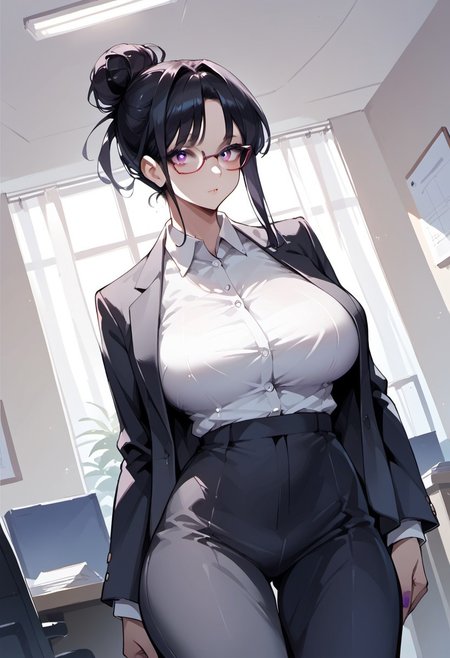 score_9, score_8_up, score_7_up, score_6_up, 1girl, source_anime, 
1girl, Hina,
haircut bangs, hair bun, large breasts, glasses, miniskirt, suit jacket, office clothes,
Indoors, living room,
Dutch angle,