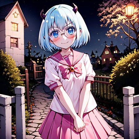 best quality, masterpiece, detailed, Crocell Kerori, smile, closed mouth, light blush, happy, light blue hair, short hair, blue eyes, horns, round eyewear, colored eyelashes, KeroriSchoolUniform, school uniform, serafuku, pink skirt, bow, standing, looking at the viewer, halloween, outdoors, night.