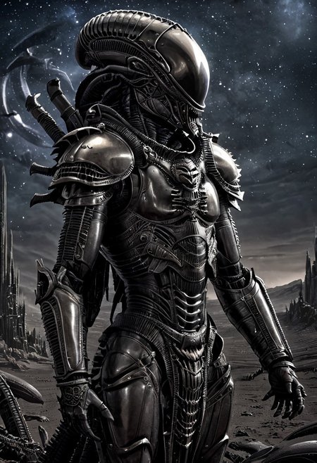An insanely Detailed Divine Xenomorph, Golden and silver in color, a crimson tinge to the golden color, Hyperdetailed, Omnipresent, Beautiful, Sinister overtones, otherworldly,((masterpiece, best quality)), fantasy, solo, 1 alien knight, silver armor chestplate with silver medieval ornaments and runes, galactic night sky background, perfect composition, sidelighting, outdoor, in a duster standing alone in the desert, art by hr giger,