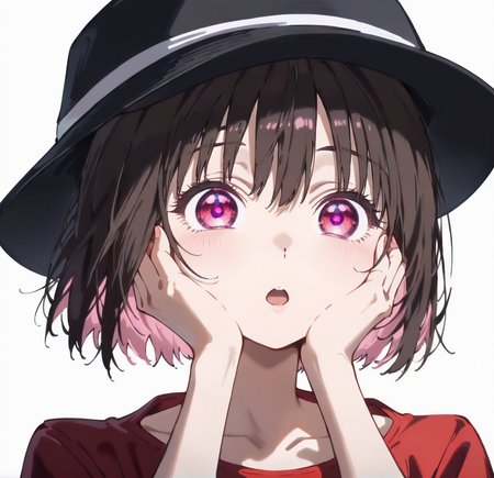 <lora:osanaiyuki:1>
############################################
score_9, score_8_up, score_7_up, score_6_up, 
############################################
1girl,solo,nsfw,
############################################
onasaiyuki,
############################################
onasaiyuki,brown hair,  short hair,bangs,bob cut,(red eyes, purple eyes,pink eyes:1.5),medium hair,hair between eyes,short hair, hat,shirt,black headwear, pants,red shirt,black footwear, jacket,collarbone,
##########################################
standing,wide eyes,open mouth,hands on own cheeks
############################################