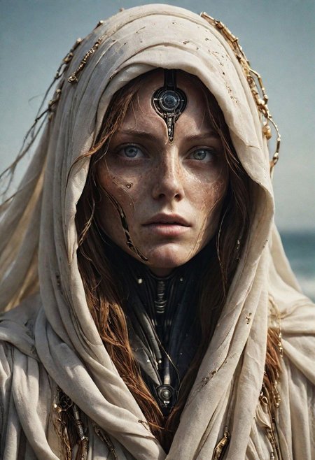 Super Closeup Portrait, Create a DARK dystopian description capturing the essence of a freckled cyborg woman in a close-up photograph, featuring real human DARK white eyes with an intense gaze. The subject has long flowing hair, draped in a ghostly white star wars linen cloak billowing in the wind. The face is a striking fusion of half-cyborg with intricately crafted gold elements and half-human skin, creating a mesmerizing and enigmatic presence. standing at the ocean in bright sunlight, ethereal, sunray, 
very detailed, atmospheric haze, Film grain, cinematic film still, shallow depth of field, highly detailed, high budget, cinemascope, moody, epic, OverallDetail, gorgeous, 2000s vintage RAW photo, photorealistic, candid camera, color graded cinematic, eye catchlights, atmospheric lighting, skin pores, imperfections, natural, shallow dof