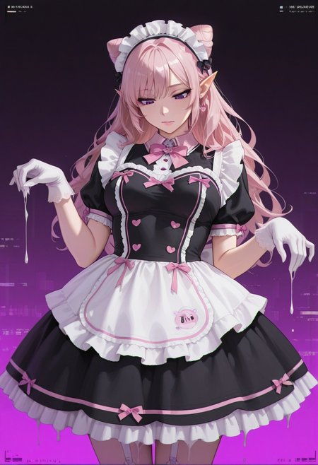 masterpiece, best quality, amazing quality, very aesthetic, absurdres, highres, newest, GLSHS, partially illuminated, elf girl, pointy ears, pink hair  double hair bun, cone hair bun, purple eyes, pink lips, makeup, jewelry, maid dress, pink bow, frills, short sleeves, maid headdress, medium breasts, digital glitch, melting clothes, gloves, purple trim, curtsying, looking down, bow /(pose/), neon background, chromatic aberration,