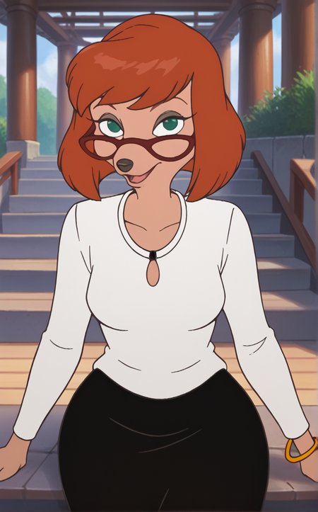 score_9, score_8_up, score_7_up, sitting on stairs, dappled sunlight, summer, torii, stairs, stone lantern, sunlight, pavement, outdoors, solo, looking at viewer,   <lora:PONYXL_GoofyM_SylviaMarpole_ownwaifu:1>, BREAK MAIN_SylviaMarpole_ownwaifu, 1girl, animal nose, dog girl, furry female, green eyes, orange hair, snout, white shirt, glasses, short hair, bob cut, jewelry, long sleeves, red-framed eyewear, makeup, necklace, eyeshadow, bracelet, black skirt, sidelocks, medium breasts, bangs, swept bangs, semi-rimless eyewear, long skirt, lipstick, pencil skirt, pendant, shirt tucked in, gold bracelet, medium hair, eyelashes, wide hips, collarbone, <lora:Expressive_H:0.15> <lora:add-detail-xl:0.15>,