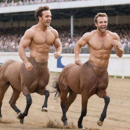 (closed shot:1.3), upper body, outside, 2 handsome male centaurs are chasing at a horse racing track, (4 horse legs), bare chest, joyful smile, <lora:centaurx:0.8>