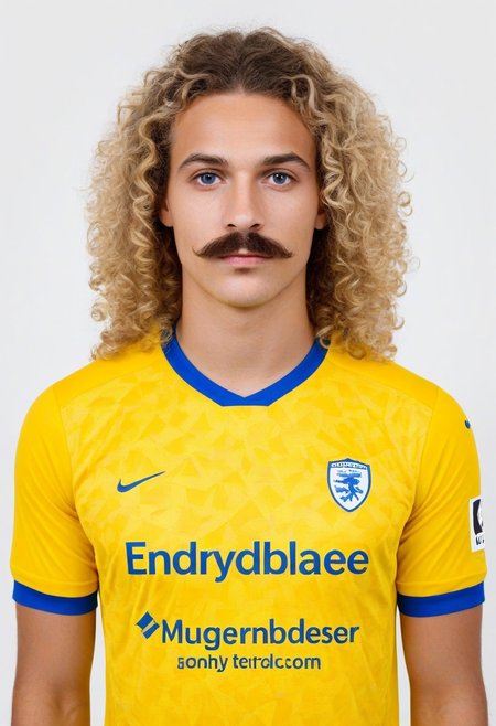 photo of a boy with long blonde curly hair, moustache, looking at viewer. simple background, white background.
(wearing soccer_jersey, yellow theme, blue theme, english text).
