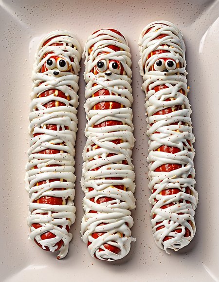 Food Photography a sausage, hot dog in (Eddie:1.15) style, looking like a mummy, hyper detailed, highly intricate,  ,,, Food Photography, often for culinary presentations, delicious visuals, or gastronomic art.