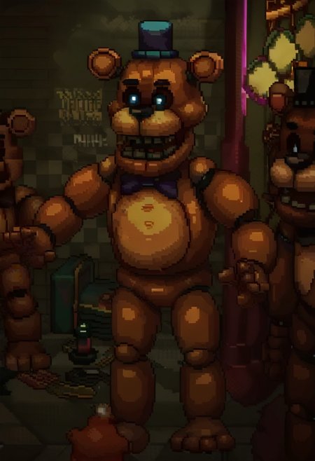 score_9, score_8, mikus-concept,  freddy, bear ears, top hat,pixel art, game assets, overworld,