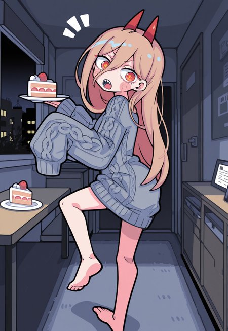 terad4_illu, perspective, solo, power \(chainsaw man\), androgynous, turning head, holding plate, arched back, [dynamic pose], foot up, head tilt, cake slice,
bowlegged pose, looking at cake, sweater dress, knit sweater, sleeves past wrists, sleeves past fingers, baggy clothes, oversized clothes,
:o, sharp teeth, notice lines, v-shaped eyebrows, wide-eyed, + +,
night, apartment, table, kokatsu,
traditional media, best quality, absurdres