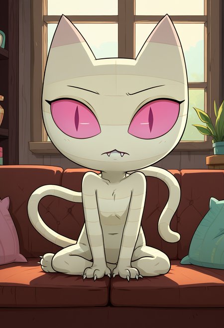 score_9, score_8_up, score_8,    <lora:Me-Mow_Adventure_Time_for_PonyXL:0.8> 1girl, cat girl, mem0w, wrappings, young, short, tail, pink eyes, slit pupils, sitting on couch, living room, window,