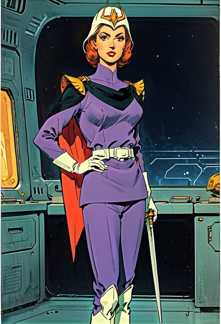 FGKycilia, 1girl, orange hair, no ears, black eyes, lipstick, solo, looking at viewer, purple military uniform, helmet, sword on hip, long sleeves, belt, cape, white gloves, pants, knee boots, spaceship interior,