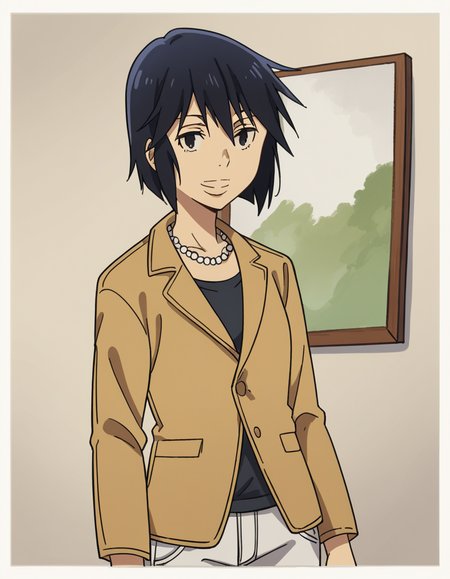 score_9, score_8_up, score_7_up, source_anime, <lora:sachiko-fujinuma-s1-ponyxl-lora-nochekaiser:1>, sachiko fujinuma, short hair, black hair, black eyes,, jewelry, jacket, pants, necklace,, museum, art exhibit, paintings, observing, quiet contemplation, cultural experience, smile, , hand making an OK sign, solo,, cowboy shot, dutch angle