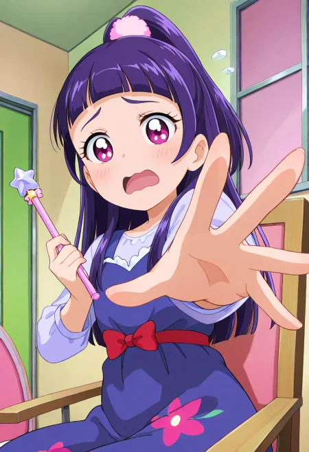 masterpiece, best quality, absurdres, very aesthetic, general,
izayoi liko, casual, 1girl, purple hair, solo, open mouth, purple eyes, wand, looking at viewer, shiny hair, indoors, ponytail, blunt bangs, chair, purple shirt, upper body, holding wand, pink eyes, blush, scrunchie, wavy mouth, foreshortening, eyelashes, door, outstretched hand, anime coloring, hair, reaching out, very long hair, tongue, sitting, bright pupils, high ponytail, hair ornament, d:, bow, raised eyebrows, window, :o, star wand, half updo, see-through, flying sweatdrops, pom pom hair ornament, blue dress, sleeveless dress, pinafore dress, print dress, floral print, long sleeves, 
waist bow, red bow, 
<lora:cure_magical_izayoi_liko_illustXL_locon_v1:0.7>