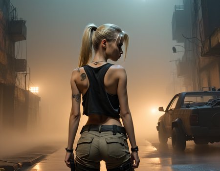 a post-apocalyptical creation from behind with atmospheric lighting captured by Enki Bilal; it is showcased a honduran, of legal age, and normal ((Mikaxl6)), having a blonde-haired ponytail; wearing a black streetwear tank top and cargo pants; looking back winking amidst a street at a misty night with dense fog.