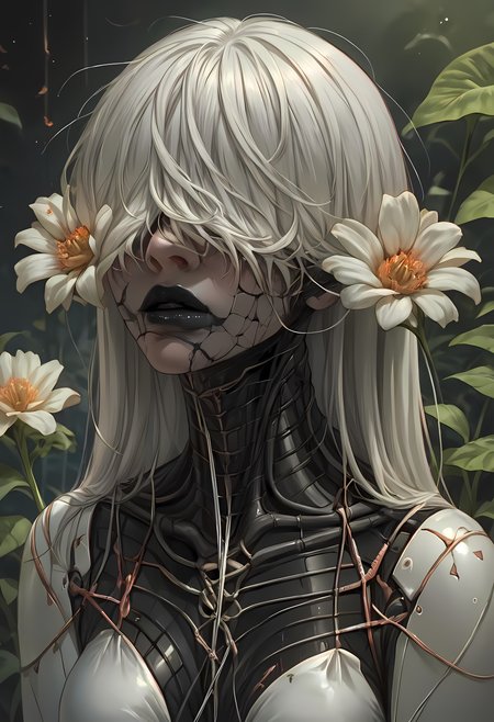score_9, score_8_up, score_7_up, score_6_up, score_5_up, score_4_up,   <lora:cr34tur3g0r3XLP:0.8> cr34tur3g0r3, 1girl, flowers, cyborg, wires, broken, white hair, messy hair, hair covering eyes, hair over eyes, blunt bangs, black lipstick, robot