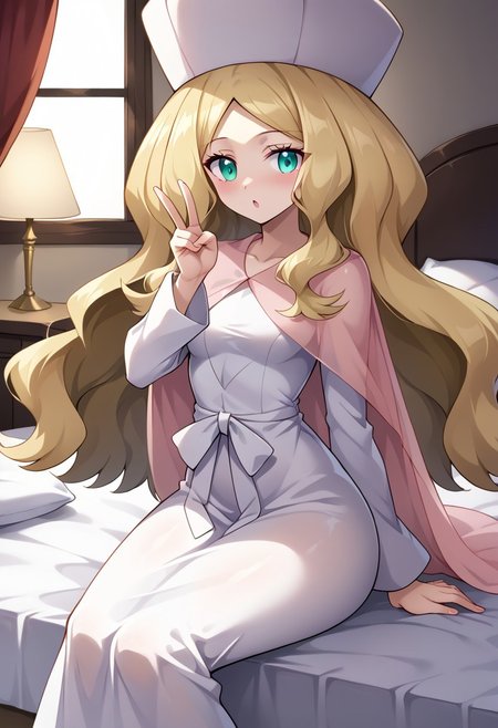 score_9, score_8_up, score_7_up, source anime, intricate detail, dynamic pose, 1girl, caitlin, bw, looking at viewer, white long dress, headwear, see-through cape, pink cape, v gesture, sitting on bed, 
Indoors, luxurious bedroom, pokemon, absurdres, perfect eyes, motion lines, volumetric lighting, rating_explicit, intricate_details_xl, zPDXL2