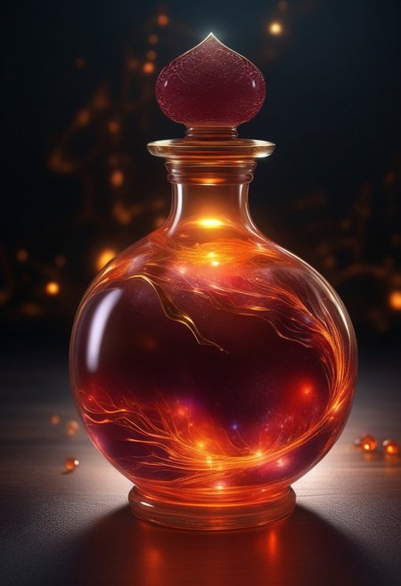Score_9, Score_8, high_def, highest quality, 4k, best quality, masterpiece, focused, defined, Photorealistic magic potion, intricate glass bottle, vibrant maroon and orange, ethereal light, wax seal, flashy lights, magic lights, luminous, dynamic reflections, magical aura, highly detailed, fantasy essence, glowing particles, radiant aura