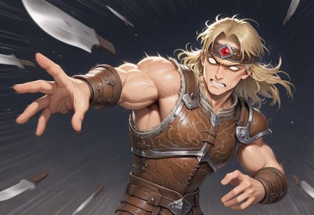 1boy, solo, general, SIMOIL, male focus, muscular, toned male, blank eyes, leather armor, (leather headband, red jewel), breastplate, one pauldron, vambraces, medium hair, blonde hair, upper body, half-closed eyes, clenched teeth, holding knife, KFV1.0, knife, throwing, throw, throwing knife, speed lines, masterpiece, best quality, amazing quality,