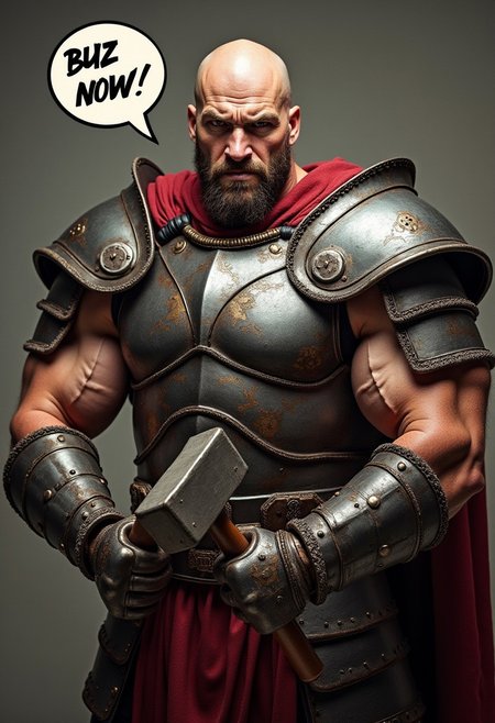 muscular man wearing full plate armor with serious angry  face, hold warhammer speech bubble says "buzz now!",