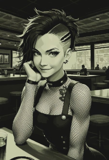 score_9, score_8_up, 
green theme, monochrome, pixel, source_anime, bold lines, flat colors,
beautiful, restaurant, bar, modern,
looking at viewer, pretty eyes, Expressiveh, 
dark eyebrows, medium breasts,
punk, smirk, undercut hair, fishnet