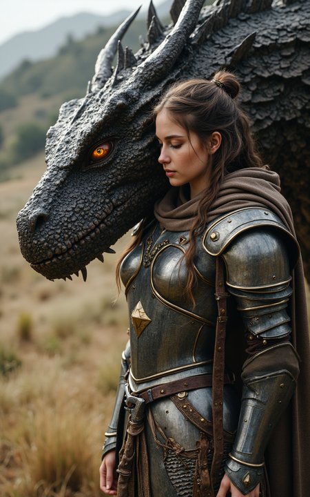 full body candid shot of a naturally beautiful female knight in polished medieval fantasy armor, standing tall in a quiet field, her eyes closed, gently resting her forehead against the giant snout of a dragon, intricate metal armor with layered breastplate and flowing cape, dragon’s glowing eye visible in frame, peaceful moment between titans, photorealistic with dramatic natural lighting




fmlas-mk.1



