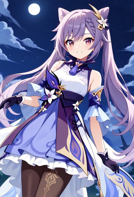 score_9, score_8_up, score_7_up, source_anime, best quality, masterpiece, 1girl, solo, smile. dutch angle, outdoors, night sky, starry sky,
keqingdef, purple hair, cone hair bun, purple eyes, long hair, double bun, braid, twintails, hair ornament, neck tassel, purple dress, frilled dress, detached sleeves, sleeveless, bare shoulders, frilled skirt, purple skirt, purple gloves, black pantyhose,
