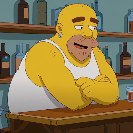 Grizzly Shawn, male, solo, yellow skin, prominent nose, fat, bald head, brown beard, 2d, earring, white tank top, thick arms, round eyes, black eyes, thick eyebrows, detail background, 4k, masterpiece, best quality, highly detailed, Grizzly Shawn sitting at the bar, with a calm expression. The bar has dim lighting, and the background shows bottles on shelves