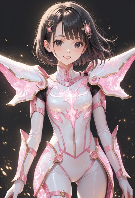 score_9, score_8_up, score_7_up, source_anime, masterpiece, best quality, perfect anatomy, very aesthetic, ((outlined outlined vector graphics)),no norm,
, cute face, (glow eyes:0.8), glittering, glimmering,front  view, black background, cowboy shot, smile,
1girl, solo, 20yo, black hair, black eyes, short bob hair, hair pin,small breast, slender,(white thigh strap:1.1), bodysuit, glowing, nature, skin tight, freckles,, holy armor, pink bodysuit,pink holy light armor, pink holy light, pink holy light legs, fantasy <lora:holy-light-armor-01:1>
