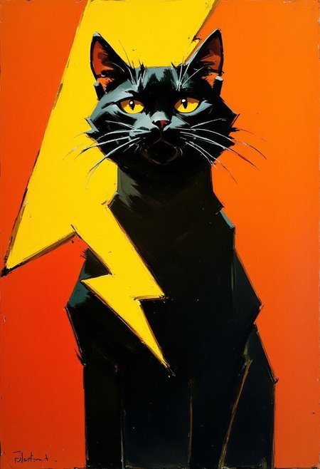 Oil painting by Frank Frazetta. An antrophomorphic black cat holding a large yellow lightning bolt symbol