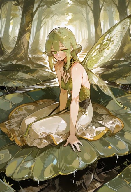 masterpiece, absurdres, newest, best quality, amazing quality, very aesthetic, matching eyes, 1girl, green and yellow theme, fairy girl, miniwoman, layed down, long hairstyle, detailed eyes, fairy wings, pretty, amazingly detailed eyes, green eyes, medium breasts, skinny girl, layed down to the side, dress, flowing dress, detailed dress, close-up intimate view,  slight smile, focused character, dynamic lighting, forest background, huge forest, sitting on huge leaf, detailed background, female model face, perfect detailed face, houtushouhuifengge, 748cmstyle, usnr, <lora:748cmSDXL:0.6>   <lora:USNR STYLE_XL_loha:0.7> <lora:ponyv5_noobV065S_1_adamW:0.7> <lora:kafu Illustrious-XL:0.7> <lora:add-detail-xl:0.9> <lora:DetailedEyes_V3:0.8>