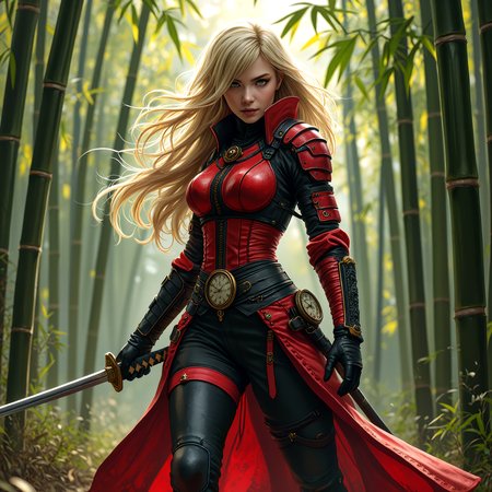 A dynamic and powerful ninjapunk warrior stands in a bamboo forest, her red and black armor contrasting with the natural surroundings. She wields a katana, her blonde hair flowing freely as she moves with a graceful and confident stride. Her outfit is adorned with intricate details, including a belt with a clock and a decorative medallion, and she wears black gloves. The scene is set in a bamboo forest, with tall bamboo stalks and leaves forming a natural backdrop. The ninja style dynamic_pose is focused, exuding a sense of readiness and strength.   <lora:artist/style of H. R. Giger FLUX 295-000006.safetensors:1.0>, style of H. R. Giger, <lora:flux_trainer/fluxPunk_v12_rank16_bf16>,  <lora:flux/ARTifacts>,  <lora:flux/flux_realism_lora>,  <lora:flux_trainer/fluxPunk_v12>