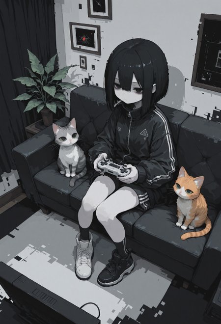 masterpiece,  best quality, good quality, very awa,  very aesthetic, absurdres, newest, 8k, HDR, focused subject, oc-chan_(ketopon), 1girl, solo, black hair, bob cut, hair between eyes, black eyes, solid eyes, expressionless, pale skin, black tack jacket, track pants, no shoes, socks, mismatched footwear, sitting, on couch, pigeon toed, leg support, holding, game controller, nail polish, modern interior, closed curtains, decorative plant, living room,  from above, perspective, low light, film grain, dark room, shadows,  animal, ginger cat with green eyes,  indoors, (glitch art), pixel art, fisheye, no lineart, no outline, blending, r17329_illu,S4bit4mago_illu