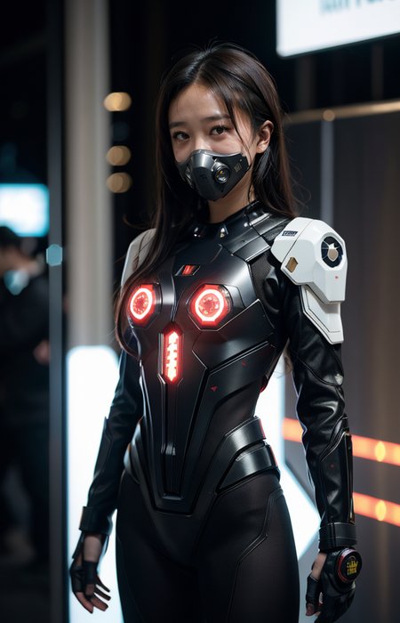 cinematic photo (best quality), future, 1girl, solo, miko motif exoskeleton suit, led, gas mask, holding blade, machinery, digital engraving, ultra highres, absurdres, deep glow effect, hdr, light particles, cinematic lighting, depth of field, Cyberpunk typeface
<lora:Better_Pose:1>  <lora:fluxenhancer:1> <lora:sparklycism:1>, <lora:Tangbohu_real_style_FLUX_type_A:1>, , 35mm photograph, film, (bokeh:1.3), professional, 4k, highly detailed