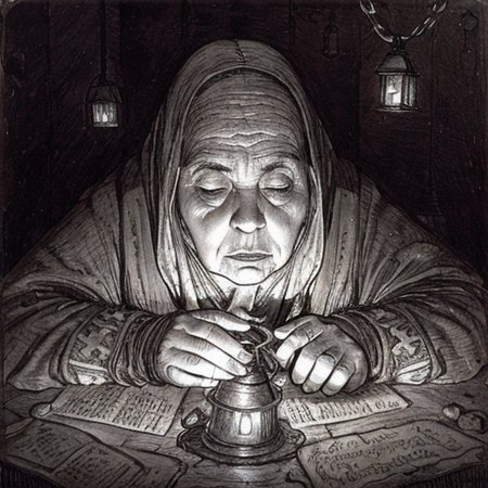 (masterpiece), a picture of (an old hunchbacked woman in grey with a lantern and a child at her hand) at a dark graveyard at night, view from above, a sea of graves, on every grave burns a little candle,  <lora:add_detail:1> <lora:Don_Lawrence_Storm_v1:0.5>, dlstormstyle, <lora:Moebius:1>, artwork, award-winning, professional, highly detailed, fine texture, well defined, morbid, sinister, eerie, sad, heartbreaking