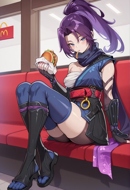 1girl, high ponytail, purple hair, blue eyes, ninja, sleeveless, scarf, asymmetrical clothes, japanese clothes, chest sarashi, obi, o-ring, gauntlets, fingerless gloves, thighhighs, toeless footwear, tabi, sitting, holding burger, mcdonald's, indoors, sitting, food in mouth,  <lora:Weeb_psylocke:1> looking at viewer,, masterpiece, best quality, amazing quality, very aesthetic, absurdres, highres, newest