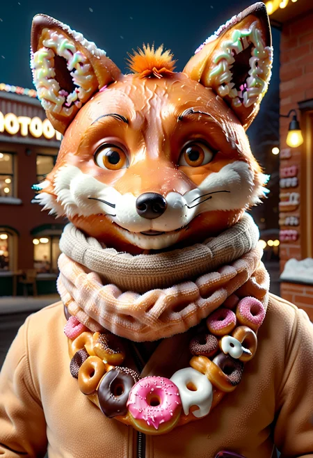 masterpiece, absurdres, high quality, 
(d0nu71f13d), A handsome fox wearing a ((scarf made of doughnuts)) that is way too long, sneaky smile, café, ultra detailed, 4k, Fantastic lighting. Detailed shadows, hyper-detailed, ultra-sharp, 8k , ultra-realistic, photorealistic,
<lora:Donutified_World_Morph:1.2> <lora:moreToppingsCaptioned-SDXL:0.6>