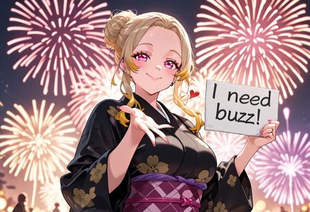 perfect quality, high quality, masterpiece, absolutely eye-catching, ambient occlusion, raytracing, 1girl(mrnktg, long hair, multicolored hair, colored tips, blonde hair, pink eyes, large breasts, ear piercing),forehead, single hair bun, black kimono, print kimono, smiling, blowing kiss, dancing in the street, happy, fireworks, tokio by night, need_buzz, holding sign that says "Need buzz for more"