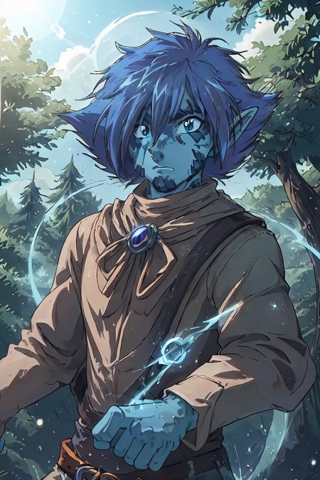(masterpiece), 2D animation, 90s anime style, detailed face, expressive eyes,
1man, looks like Zelgadis, has blue skin, tan gloves,
focused expression, casting spell, detailed hands, swirling magic, 
detailed background, vibrant magical forest, cinematic lighting, daytime, sunshine,
(cowboy shot:1.2), 
<lora:Zelgadis001:0.8> zelgadis, blue skin
<lora:muscle_slider_v1:-1>, <lora:weight_slider_v2:-1>
 <lora:Concept - Cryomancer:0.4>