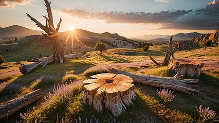 masterpiece,best quality,amazing quality,high resolution,ultra-detailed,absurdres,HDR,8K,high contrast,realistic,muted lithing,sharp focus,fine details,
A cinematic landscape photography of the view On a hidden mountain meadow ringed by ancient petrified tree stumps. At summer dawn, soft peach light warms weathered wood, distant ridges glow lavender, and the air tastes of pine resin. ,